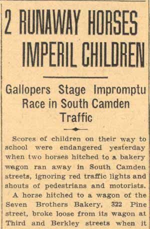 2 Runaway Horses Imperil Children - Camden Courier-Post May 17, 1934