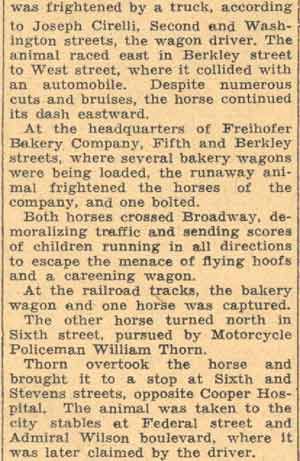 2 Runaway Horses Imperil Children - Camden Courier-Post May 17, 1934