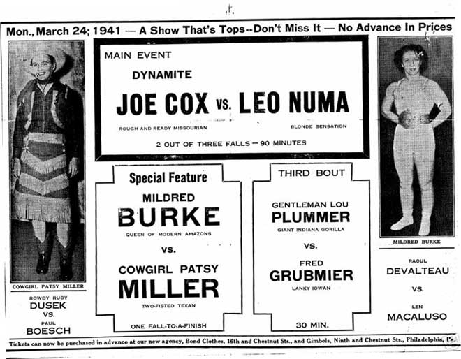raoul devalteau vs len macaluso, rowdy rudy dusek vs paul boesch, gentleman lou plummer vs fred grubmier, mildred burke vs cowgirl patsy miller, dynamite jox cox vs leo numa