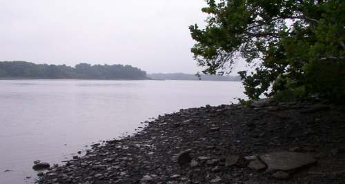 At water's edge, on a bank of the New Jersey Channel, across from Petty's Island (distance, left), looking across the mouth of the Cooper River toward East Camden (distance, right).