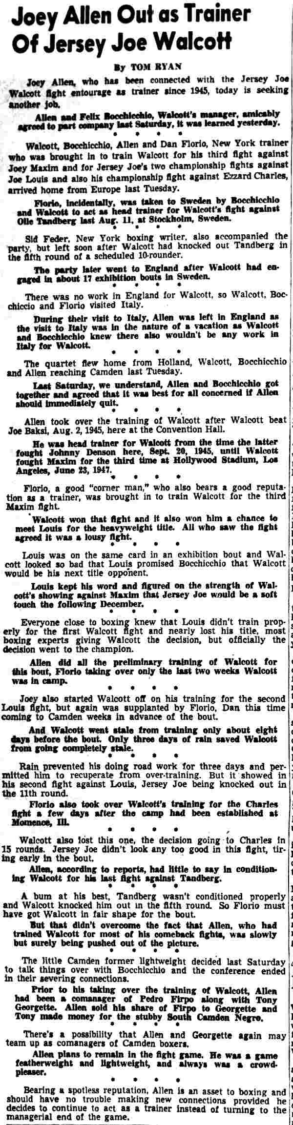 Joey Allen Out as Trainer of Jersey Joe Walcott