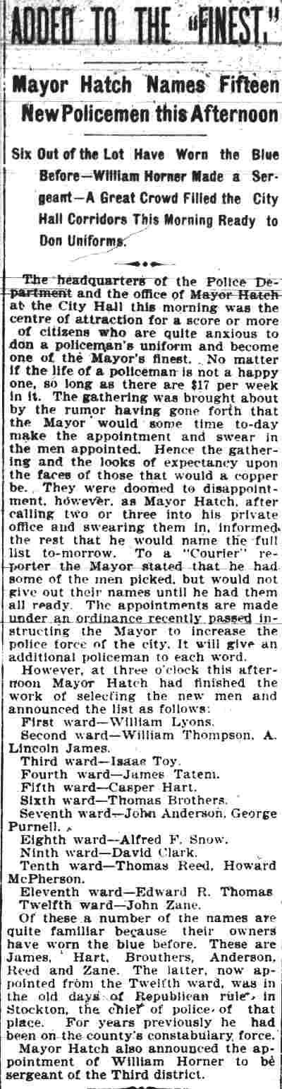 Mayor Hatch Names Fifteen New Policemen this Afternoon