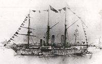 in harbor at suez egypt circa 13 feb 1899/ dressed with flags, a turkish flag at mainmast. a duth holland-class cruiser in background